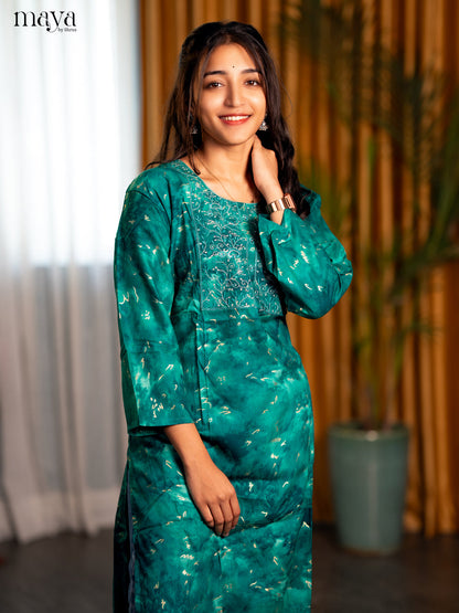 Green Printed Rayon Straight Kurti