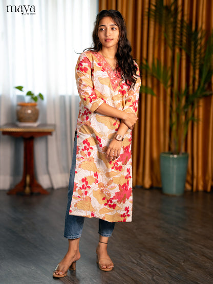 White with Pink Floral Printed Cotton Straight Kurti