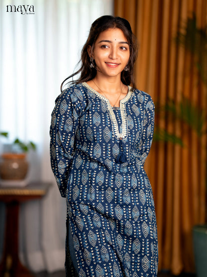 Indigo Blue Geometric Printed Cotton Straight Kurti