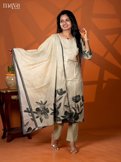 Embroidered Cotton 3pc peach Green Salwar Suit - Top, Bottom & Dupatta