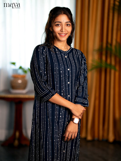 Navy Blue Stripe Printed Rayon A- Line Kurti