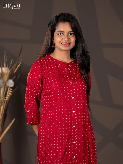 Dark red Printed Rayon A- Line Kurti