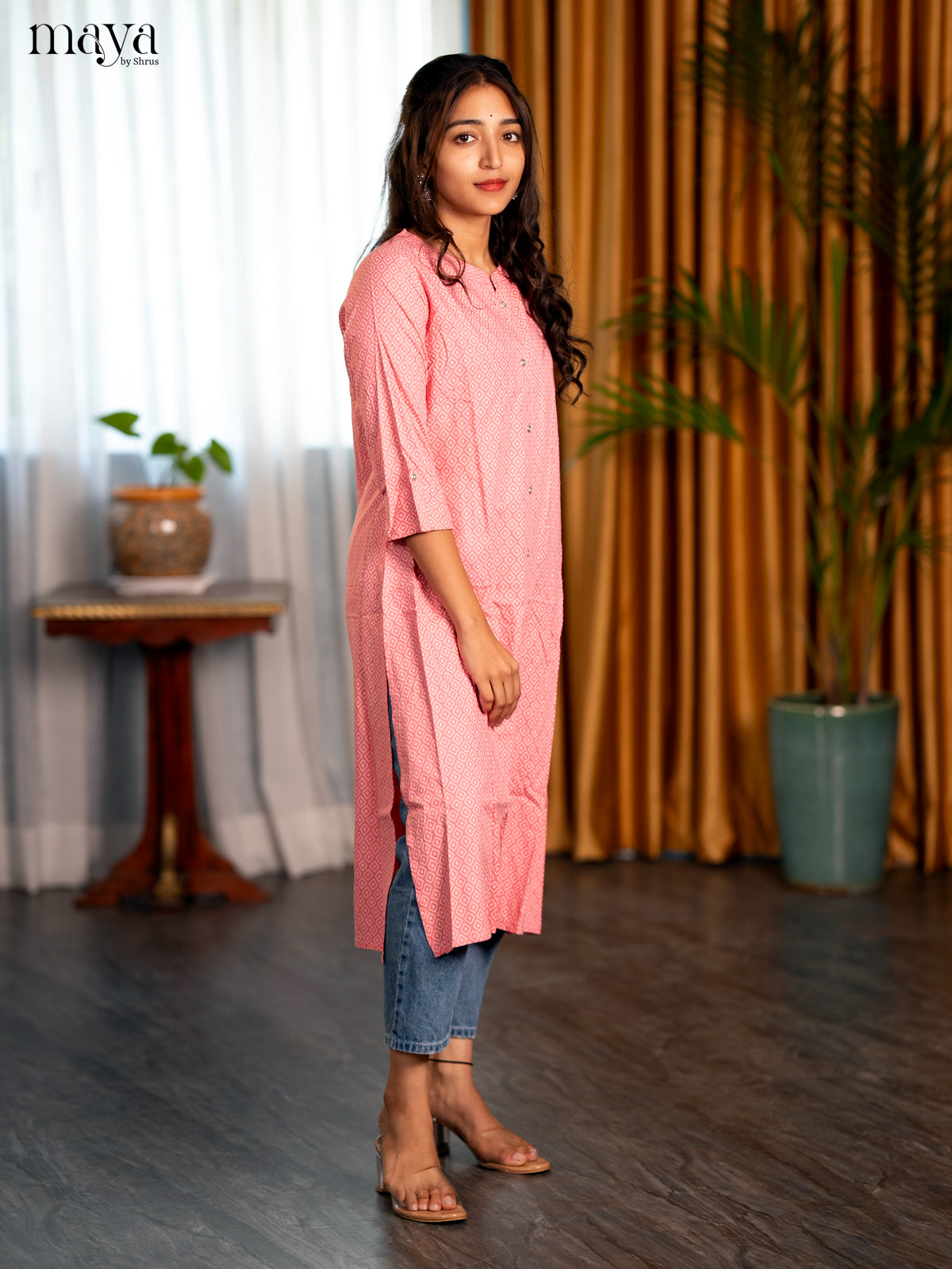 Baby pink Geometric Printed Rayon A - Line Kurti