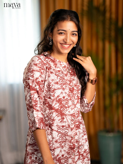 White with Brown Printed Rayon A- Line Kurti