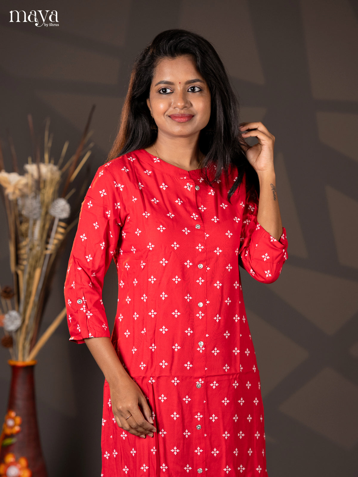 Red Floral Printed Rayon A- Line Kurti