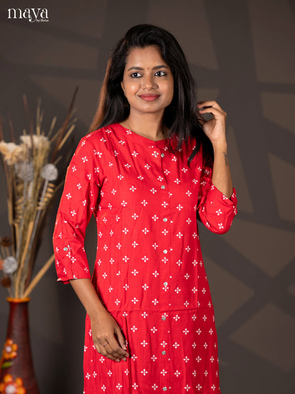 Red Floral Printed Rayon A- Line Kurti