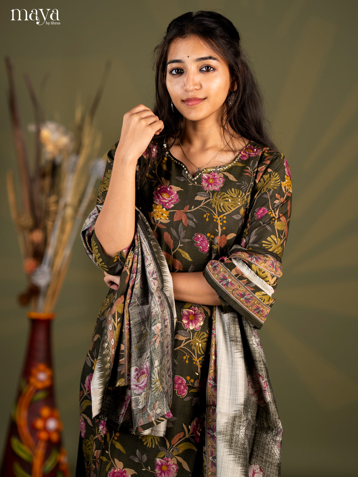 Army Green Cotton 3pc Salwar Suit with Floral Print - Top, Bottom & Dupatta