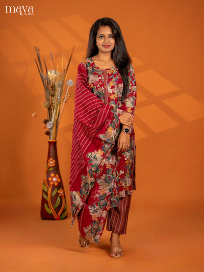 Maroon Grape 3pc Salwar Suit with Floral Print - Top, Bottom & Dupatta