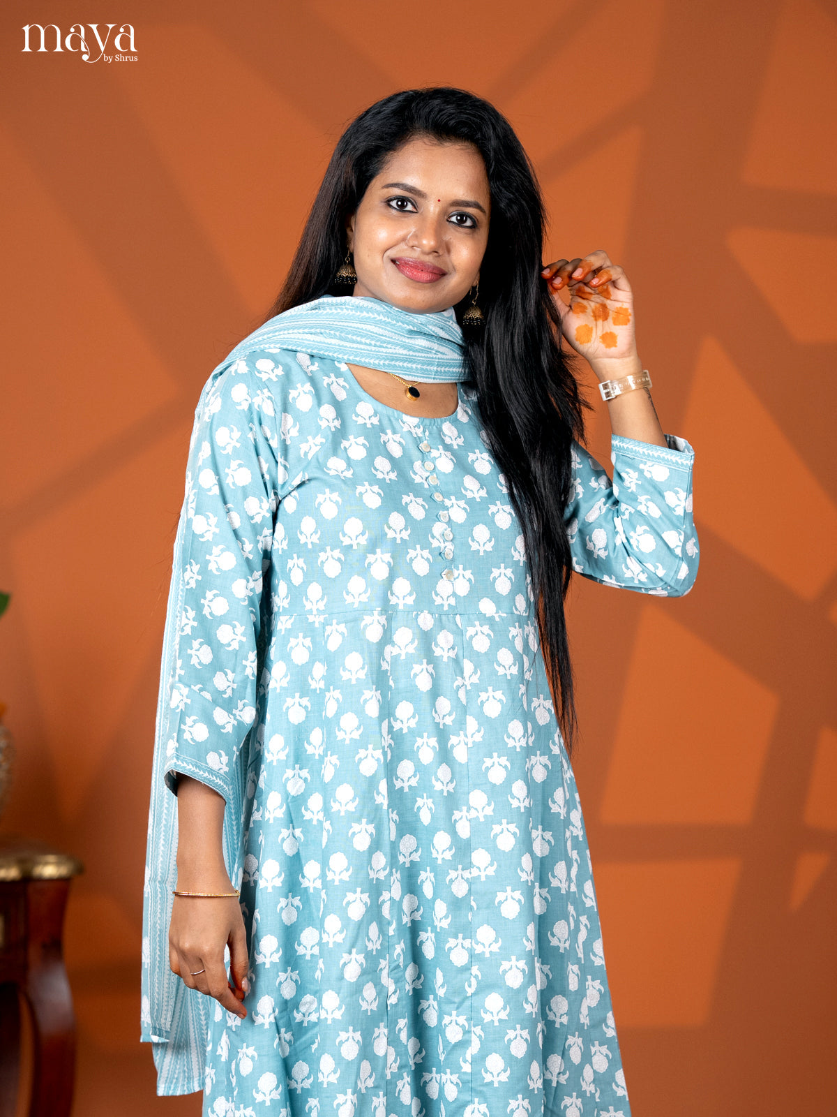 Pastel Blue Cotton 3pc Salwar Suit with Floral Print - Top, Bottom & Dupatta