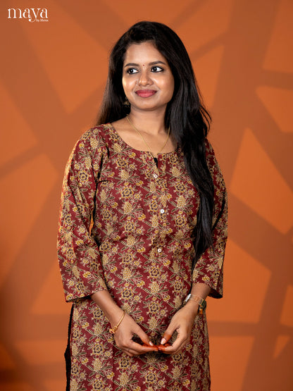 Dark Maroon Cotton 2pc Floral Print Salwar Suit - Top & Bottom