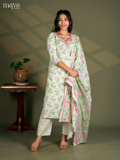 Pista Green Cotton 3pc Salwar Suit with Floral Print - Top, Bottom & Dupatta