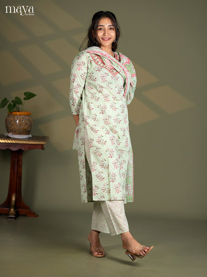 Pista Green Cotton 3pc Salwar Suit with Floral Print - Top, Bottom & Dupatta