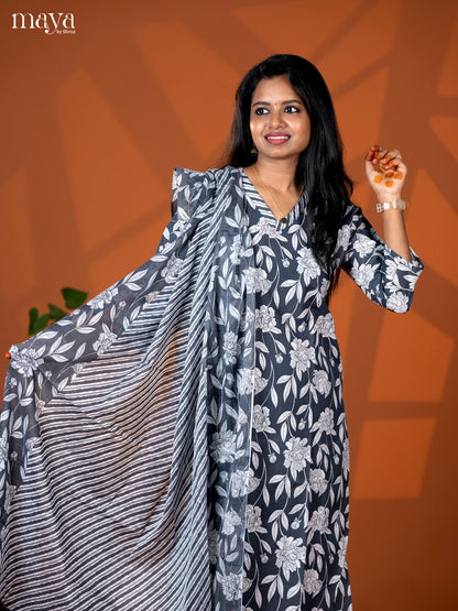 Grey Cotton 3pc Salwar suit with Floral Print - Top, Bottom & Dupatta