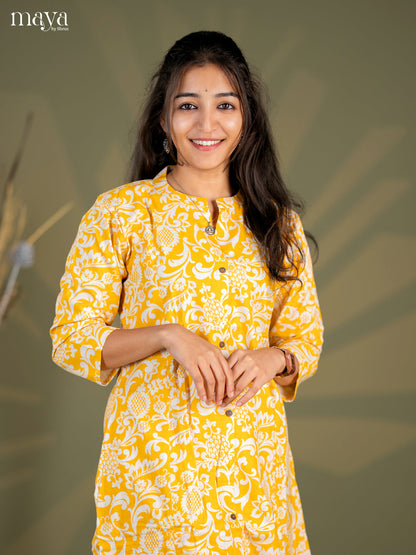 Mustard Yellow Cotton 2pc Floral Print Salwar Suit - Top & Bottom