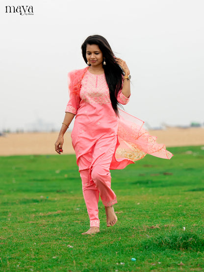 Peach pink Slub Cotton 3pc Salwar Suit with Sequins Floral work - Top, Bottom & Dupatta