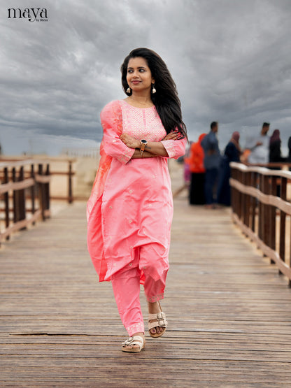 Peach pink Slub Cotton 3pc Salwar Suit with Sequins Floral work - Top, Bottom & Dupatta