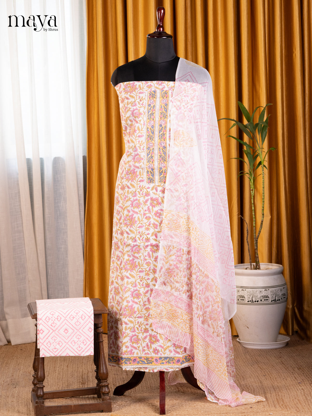 Cream  & Pink- Cotton salwar