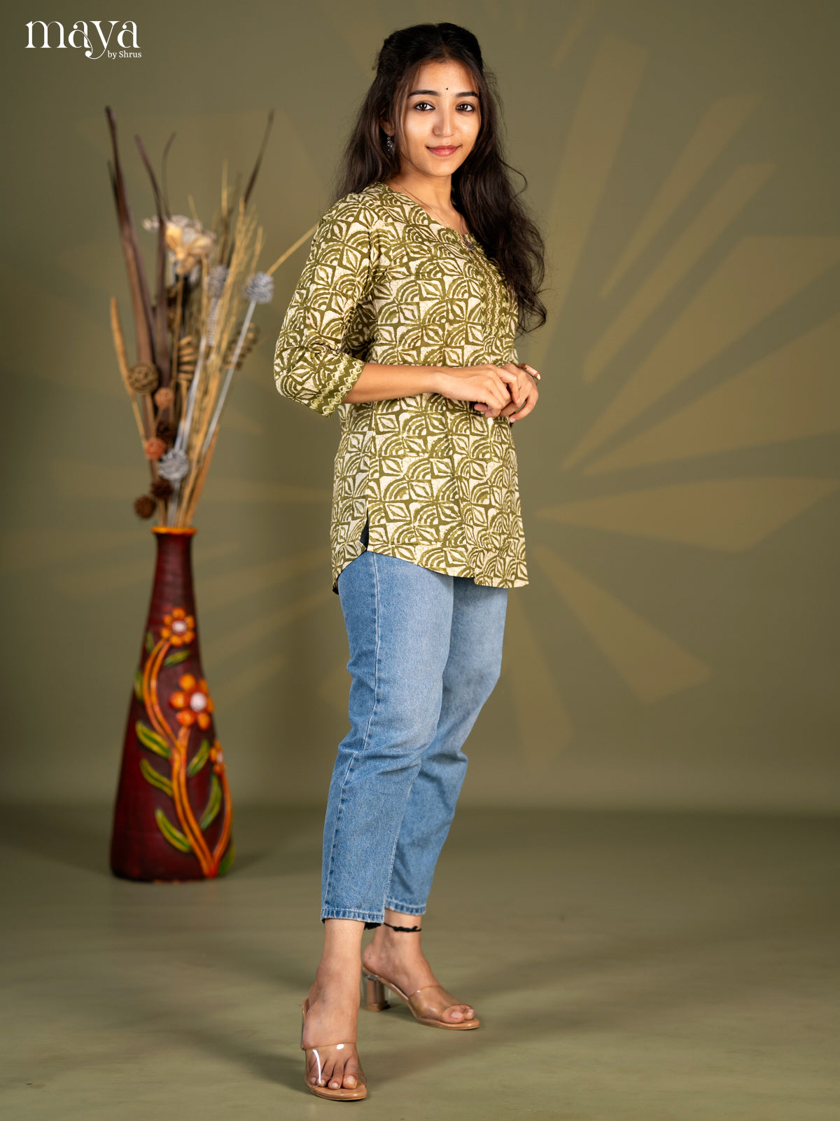 Army Green Printed Cotton Straight Short Kurta