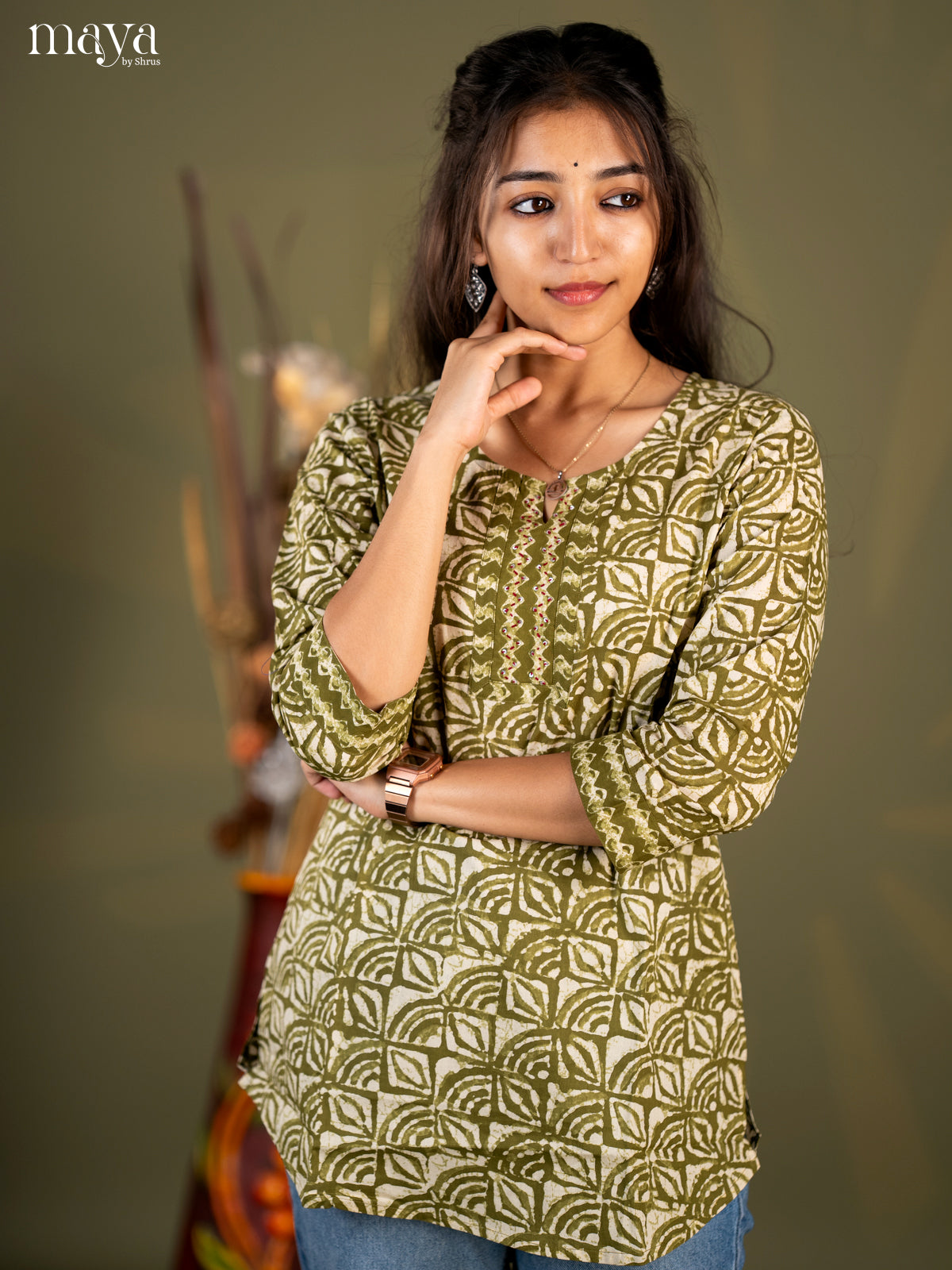 Army Green Printed Cotton Straight Short Kurta