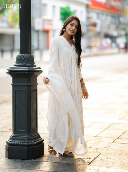 Cream Cotton 3pc Salwar Suit with Solid Mirror - Top, Bottom & Dupatta