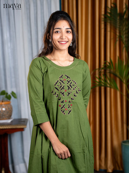 Military Green Cotton 2pc Patchwork Salwar Suit - Top & Bottom