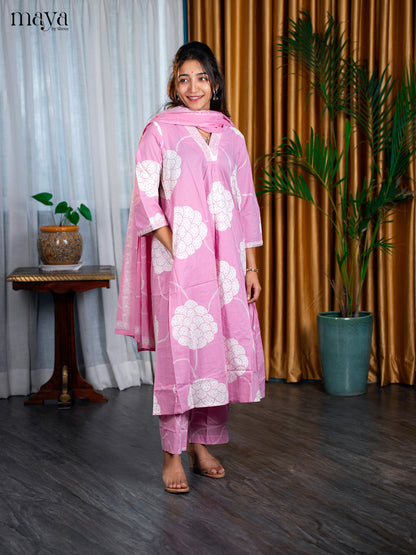 Pink Cotton 3pc Salwar Suit with Floral Print - Top, Bottom & Dupatta