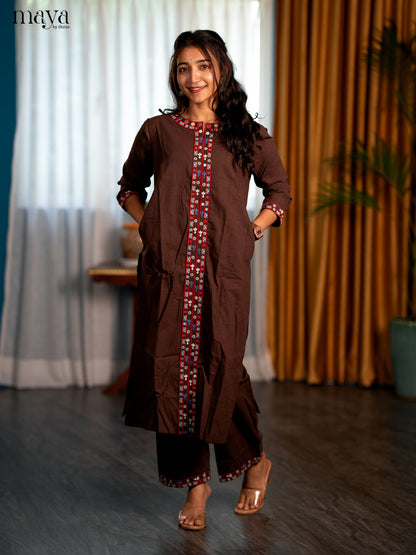 Dark Brown Cotton 2pc Embroidered Salwar Suit - Top & Bottom