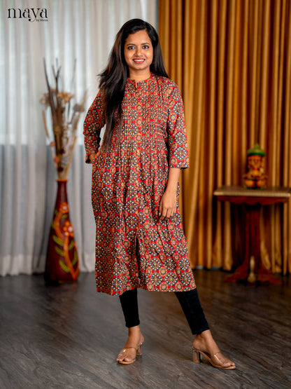 Maroon with Blue Floral Printed Cotton Anarkali A- Line Kurti