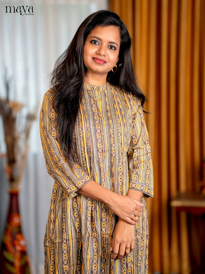 Cream with Browm Geometric Cotton Anarkali A- Line Kurti