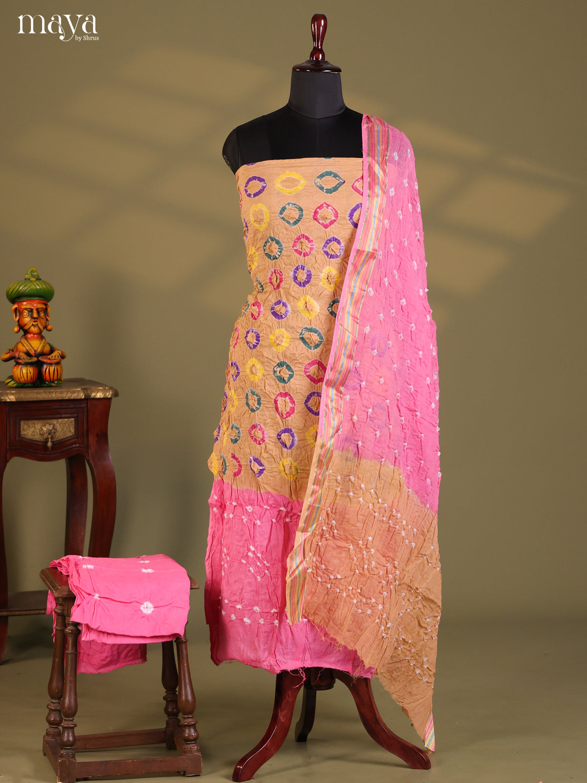 Brown &  Pink - Bandhini salwar Unstitch