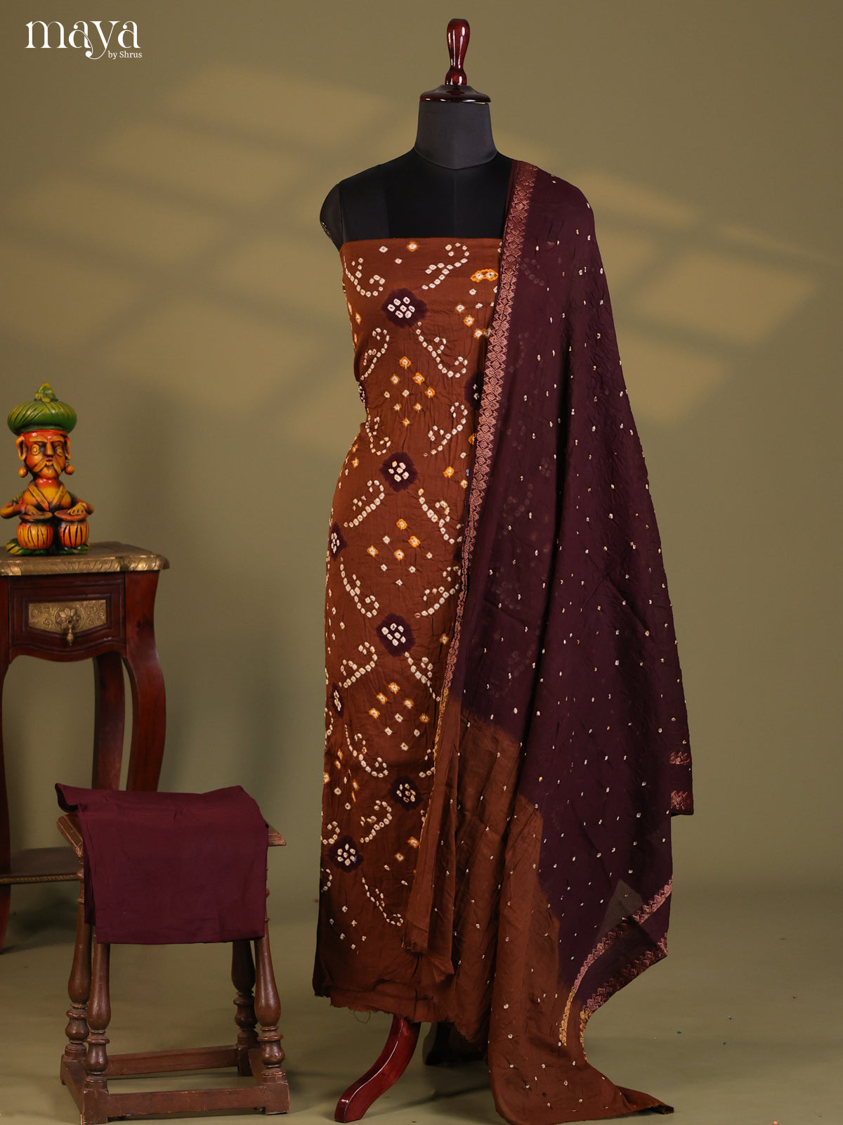 Brown &  Maroon - Bandhini salwar Unstitch