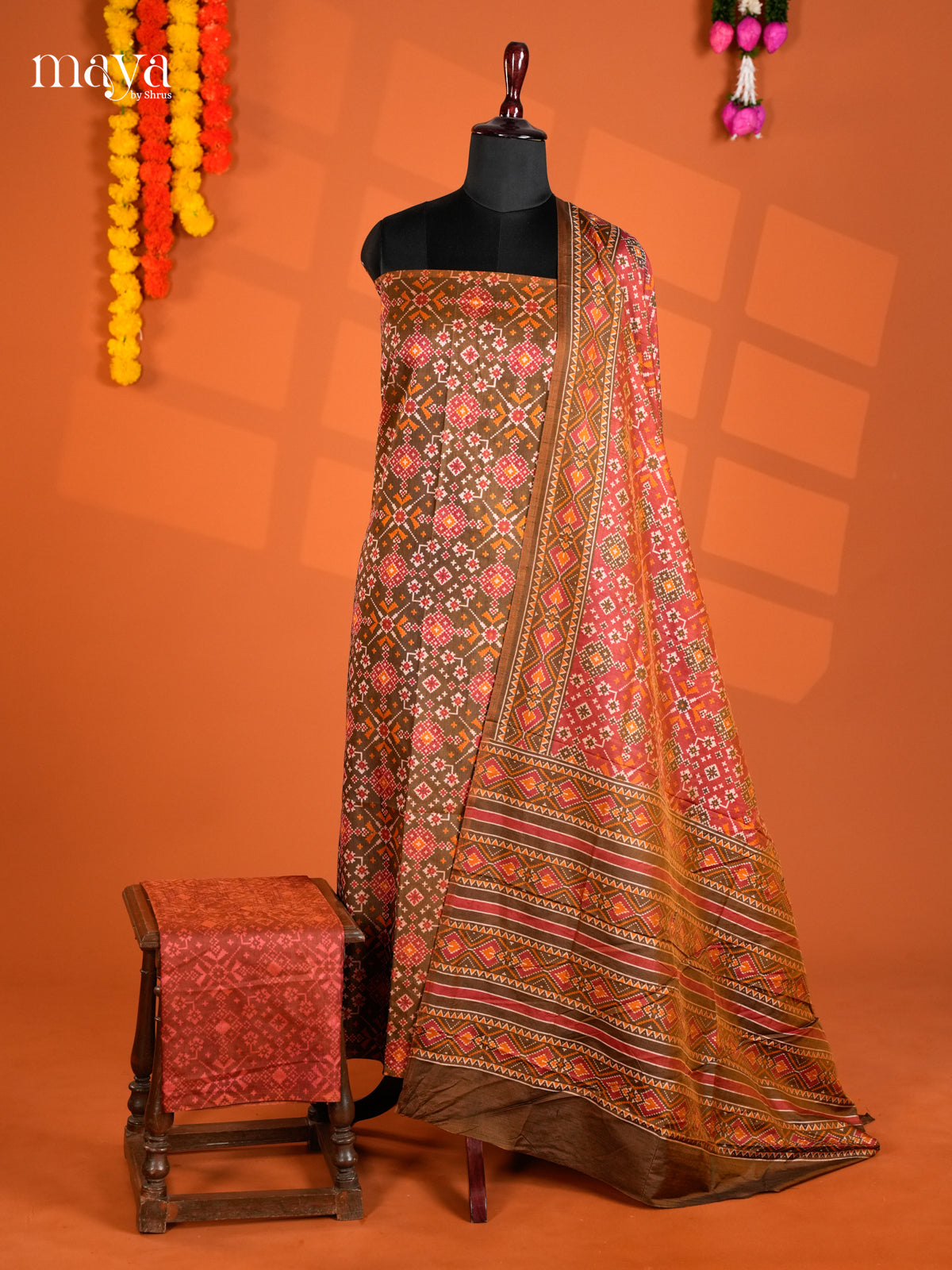 Charming Pink Semi patola salwar unstitch with floral pattern -MEA12015