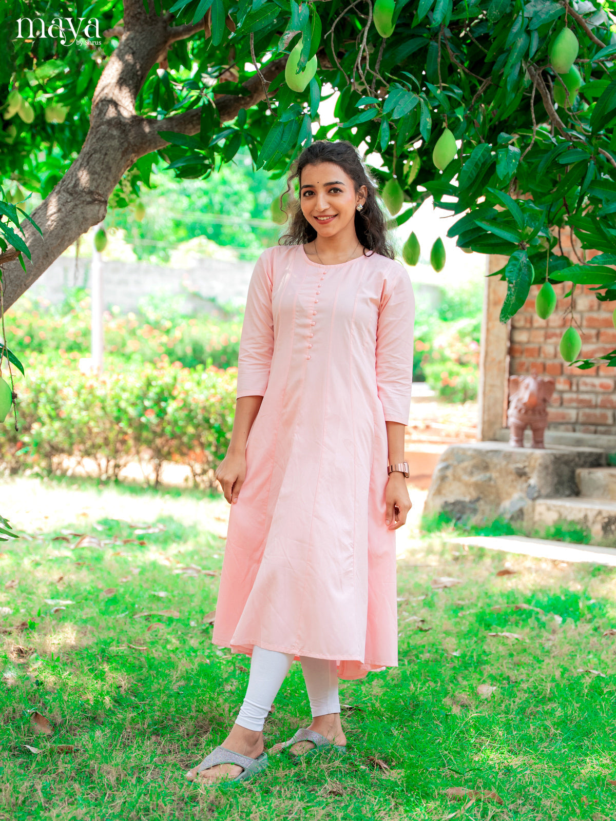 Baby Pink Solid Rayon Cotton Anarkali Kurti