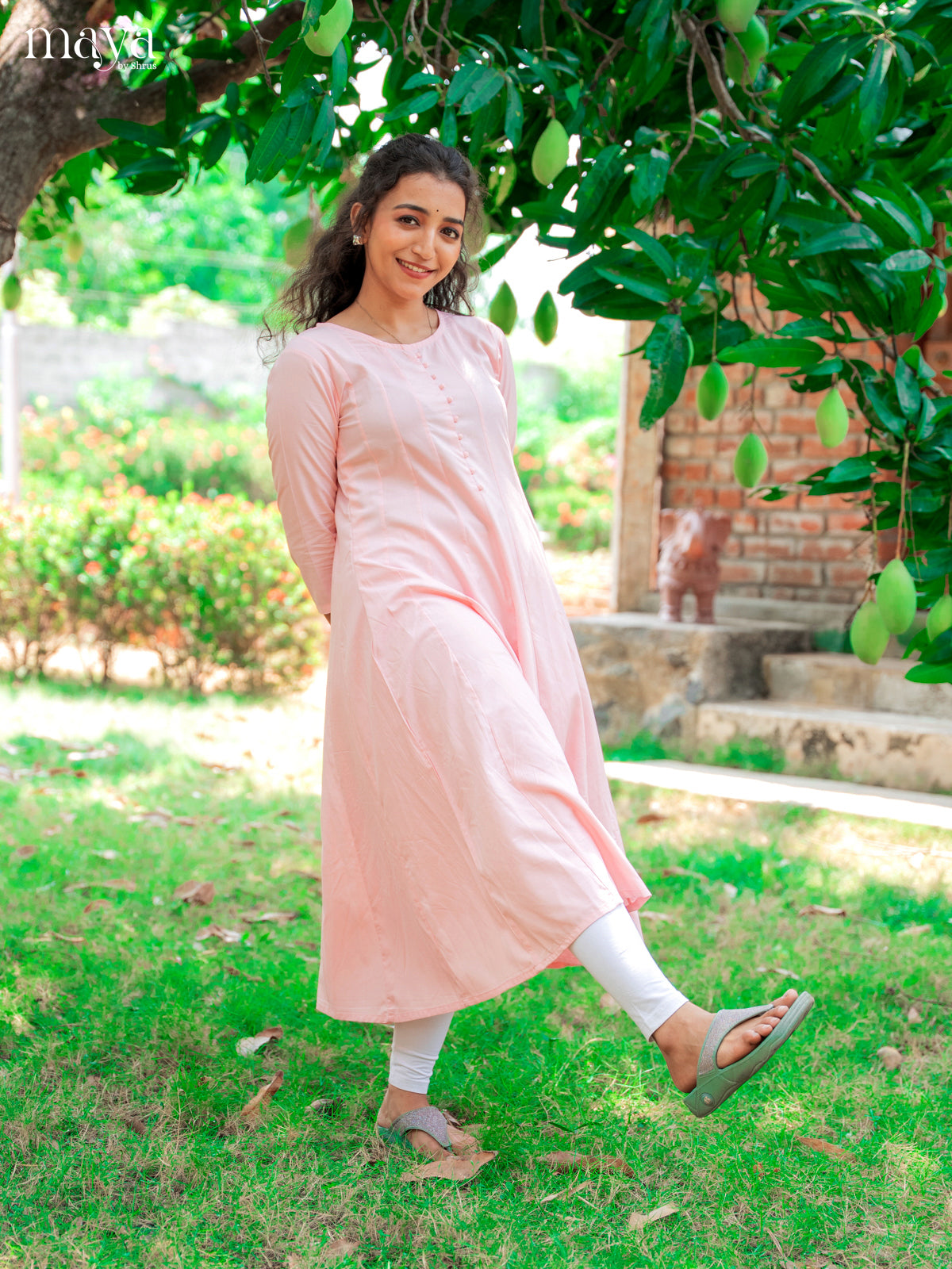 Baby Pink Solid Rayon Cotton Anarkali Kurti