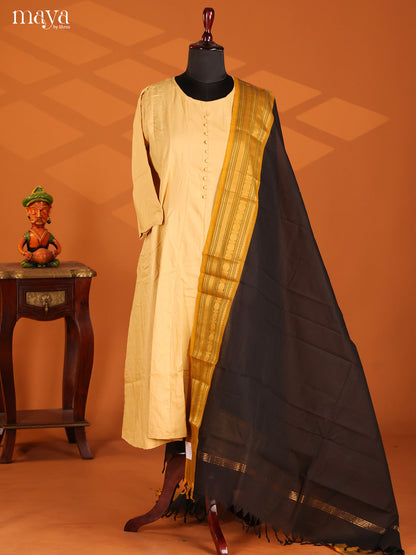 Black Chettinad Cotton  Dupatta with mustard zari border