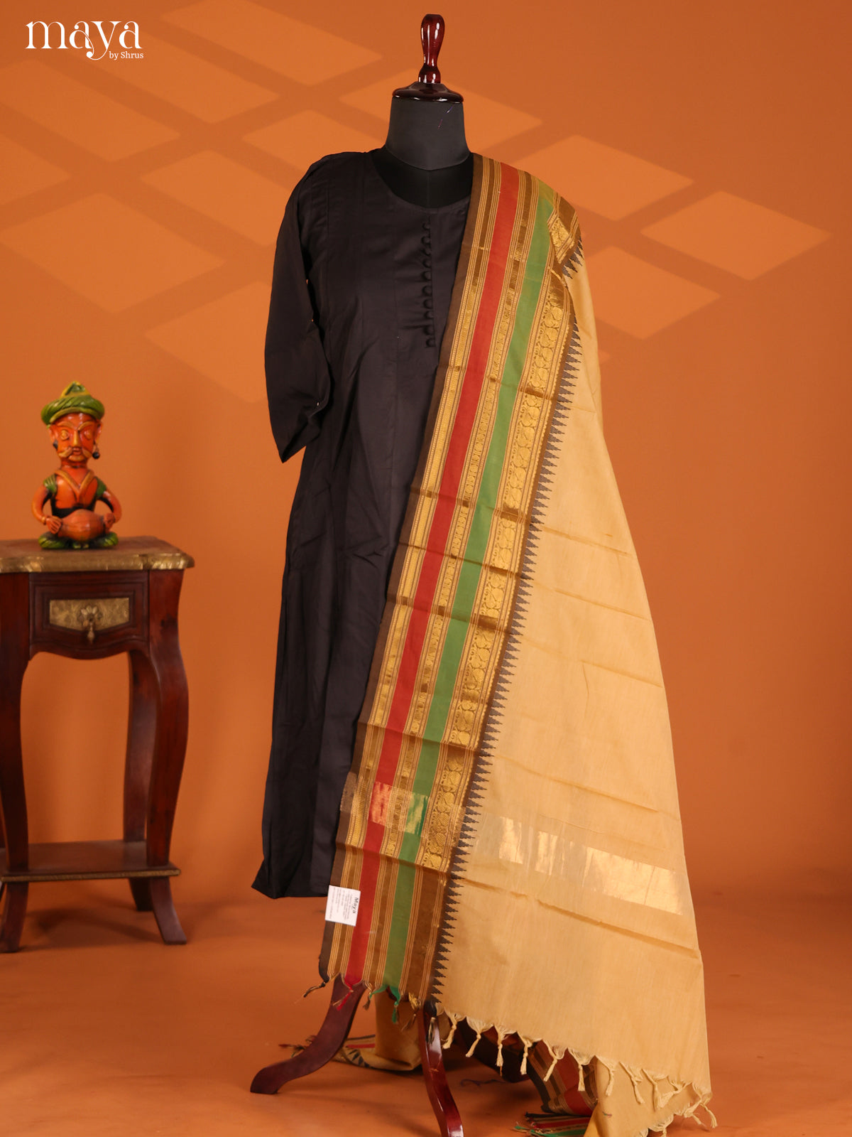 Beige Chettinad Cotton Dupatta with  contrast Brown Zari Border