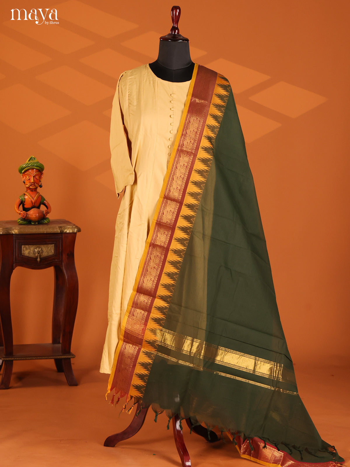 Green Chettinad Cotton  Dupatta with contrast Maroon Zari Border