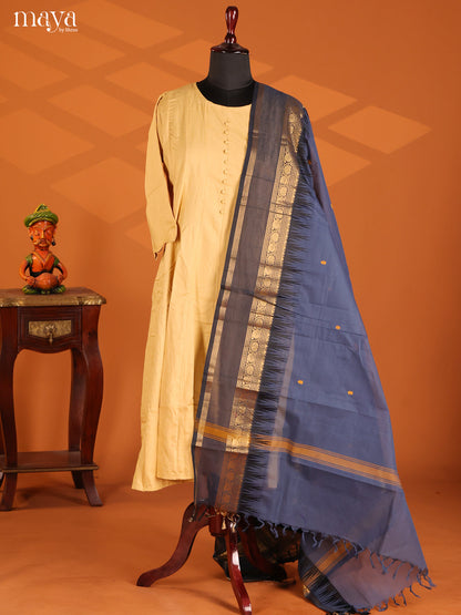 Blue Chettinad  Cotton  Dupatta with thread woven buttas , grey zari border