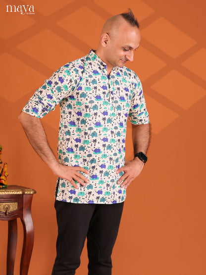 White Cotton Elephant Printed Short Men Kurta