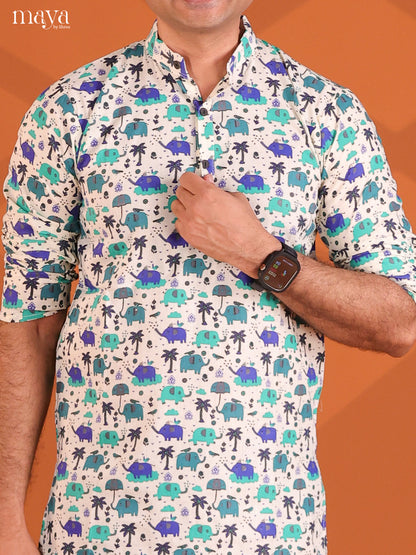 White Cotton Elephant Printed Short Men Kurta