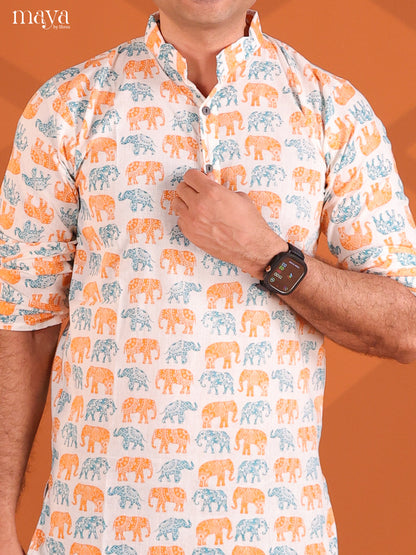 White with Orange Cotton Elephant Printed Short Men Kurta