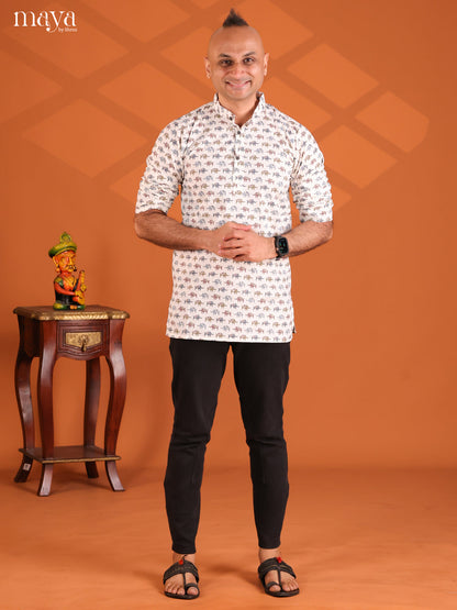 White Cotton Elephant Printed Short Men Kurta
