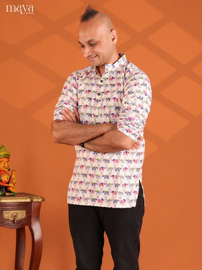 White with Blue Cotton Elephant Printed Short Men Kurta