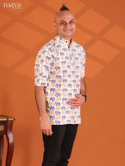 White with Mustrad Cotton Elephant Printed Short Men Kurta