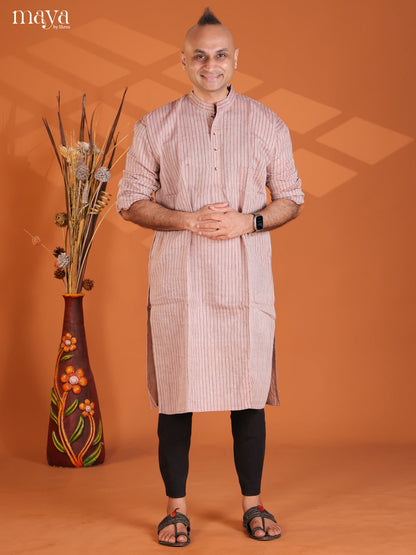 Light Brown with Maroon Cotton Stripe Printed Long Men Kurta