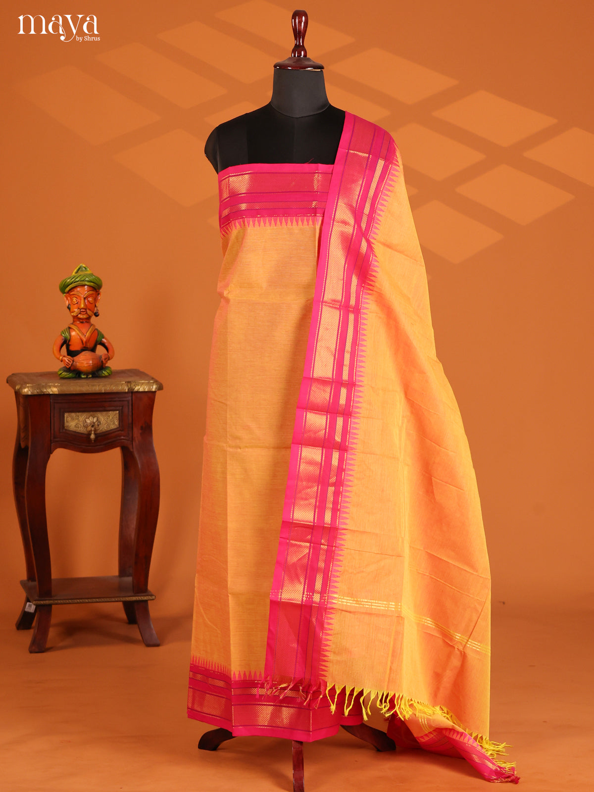 Elegant Mustard Chettinad Cotton Top & Dupatta Set With Pink Zari Border