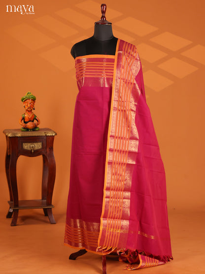 Striking Red Chettinad Cotton Top & Dupatta Set With Yellow Zari Border