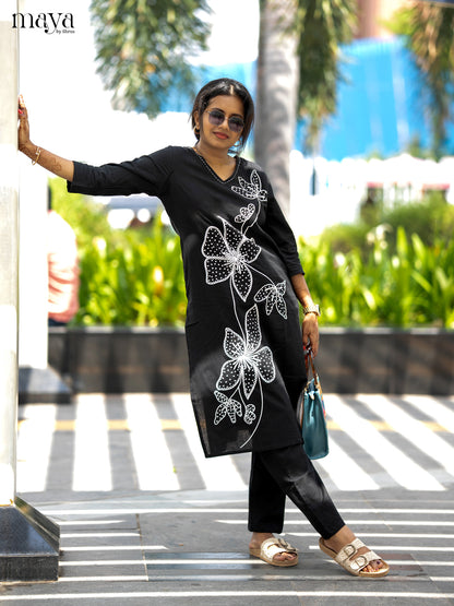 Black Cotton 2pc Floral Embroidered Salwar Suit - Top & Bottom