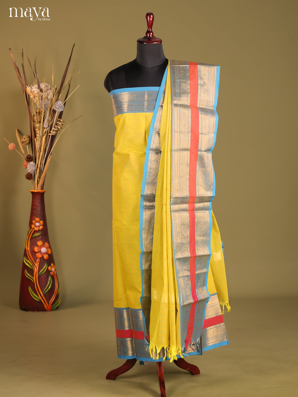 Yellow & Blue - chettinad top & dupatta combo