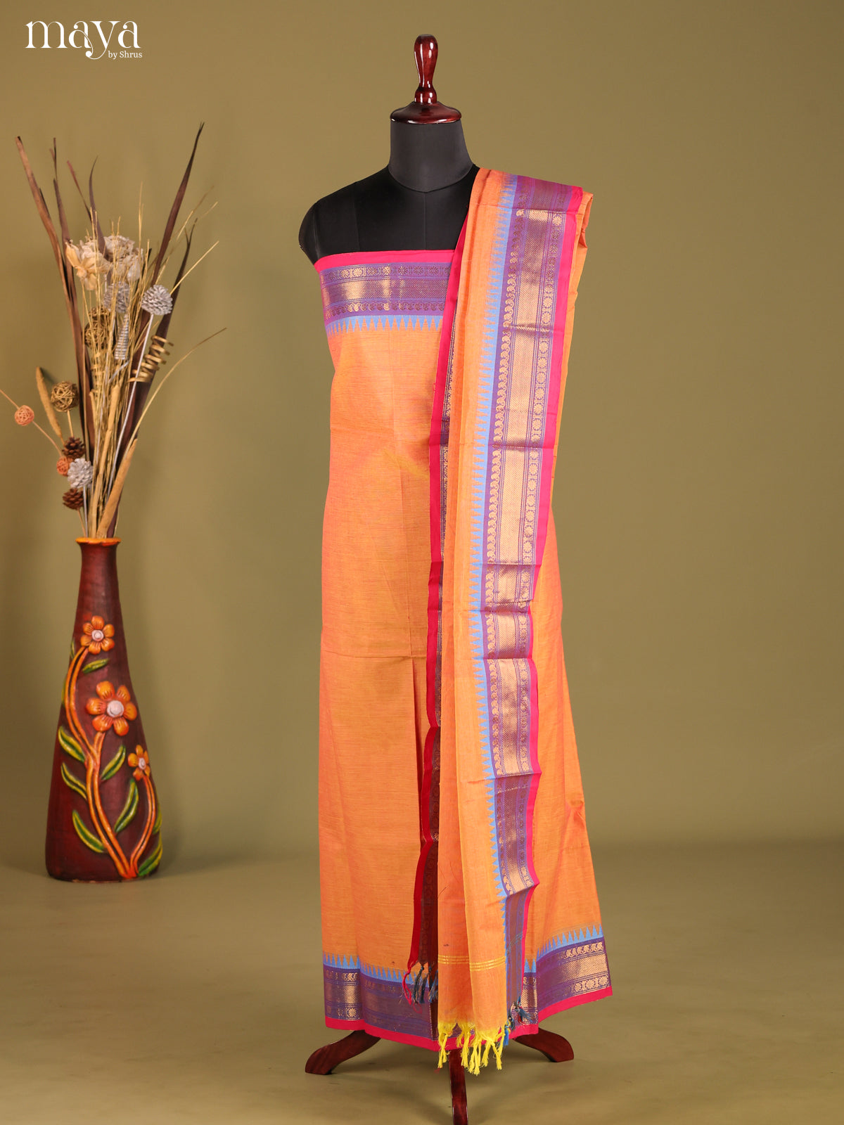 Elegant Orange Chettinad Cotton Top & Dupatta Set With Purple Zari Border